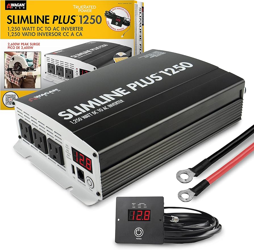 Slimline Plus INV-SLM-PL-1250 AC to DC Power Inverter 1250W TrueRated Continuous, 2600W Surge Power DC 12V to AC 110V with Illuminated Display, 2 AC Outlets, and 2A USB Charging Port
