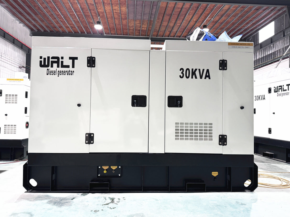 Walt Power GEN-DSL-SLT-WLT-30-3P 30KVA Silent Diesel Generator Set with Cummins 4B3.9-G1 Engine, Stamford PI 144F Alternator, Weatherproof Canopy, and DSE Controller