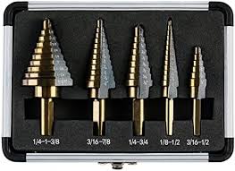 TL-StpBt-5Pc; Step Drill Bits, 5PCS HSS Titanium Step Drill Bit Set, 50 Sizes, Aluminum Case